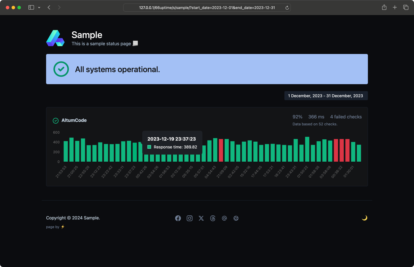 Captura de pantalla del ejemplo de la página de estado de la aplicación